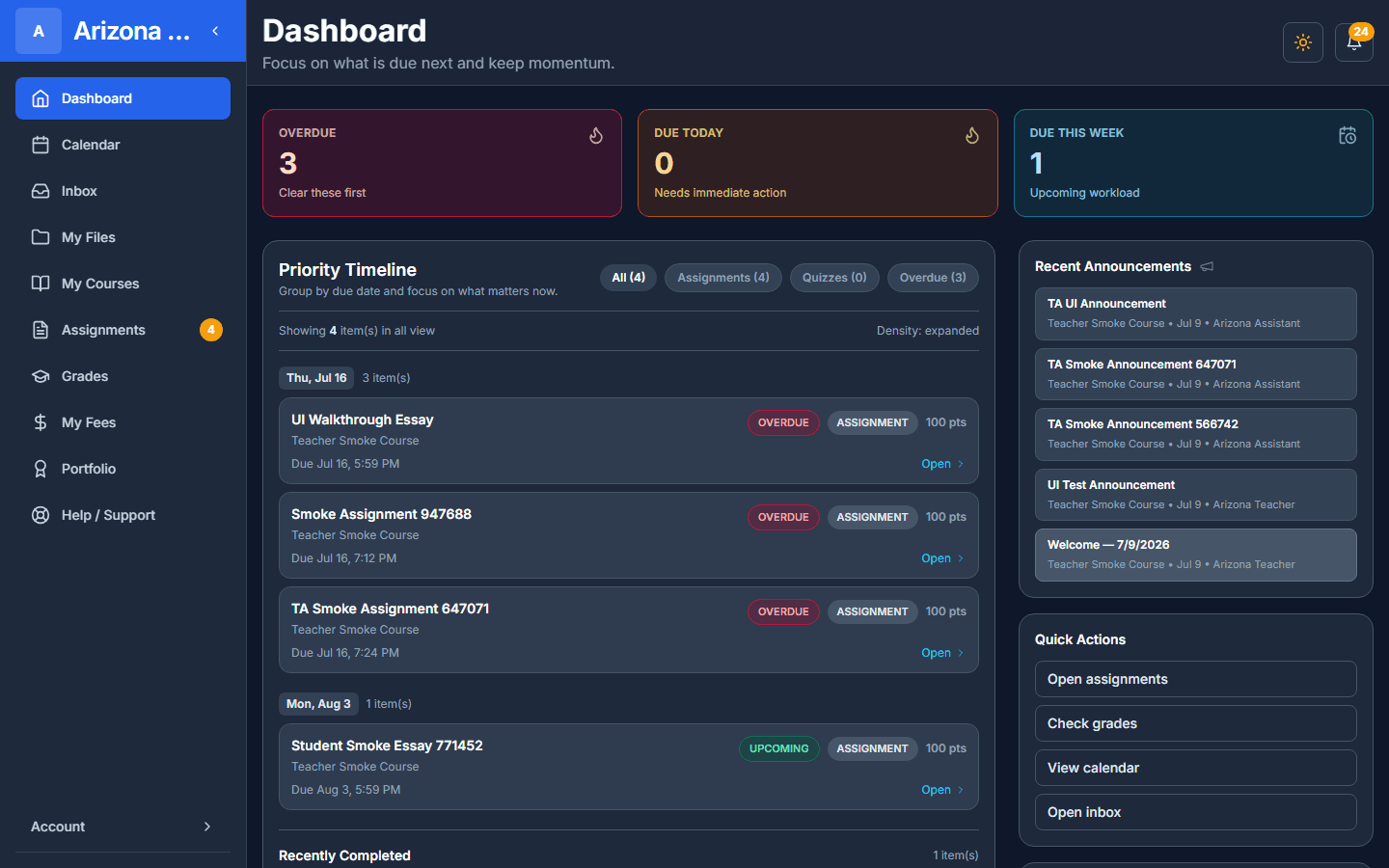 Student dashboard in Monara LMS