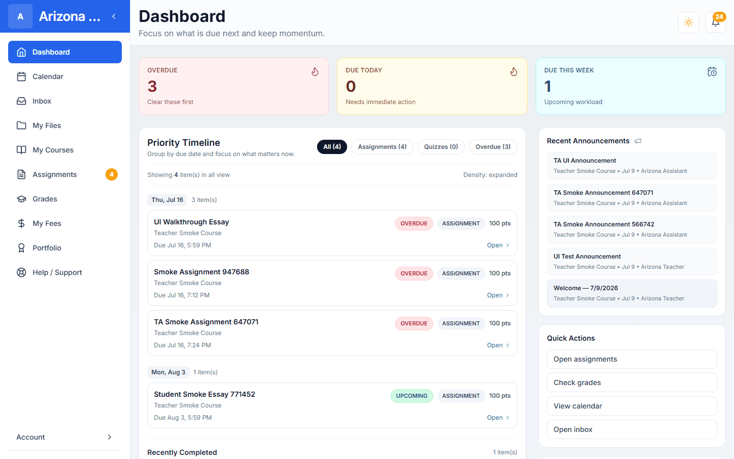 Student dashboard in Monara LMS