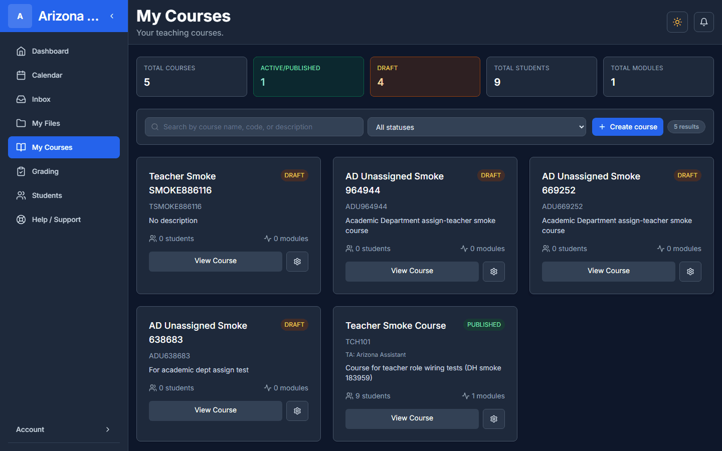Teacher workspace in Monara LMS